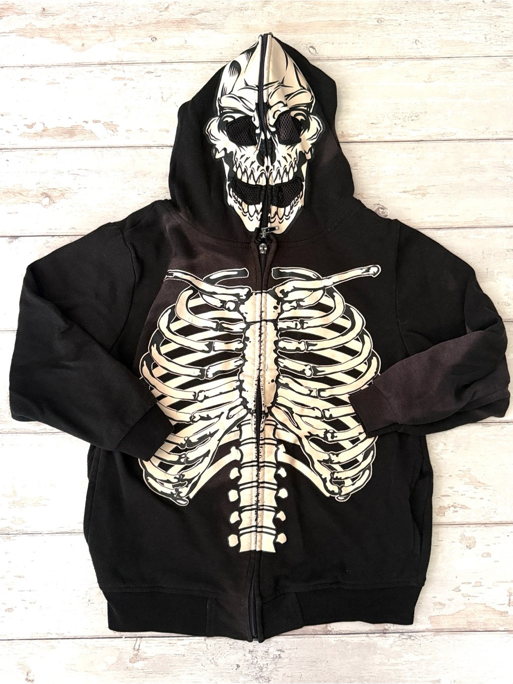 Boys 6/7 Kids Skeleton Bones Zip Up Hoodie Sweatshirt Jacket Size 6 7